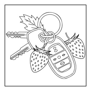 May include: A black and white line art illustration of a keyring featuring two metal keys, a car key fob with multiple buttons, and two strawberries with leaves attached to the ring. The design is presented as a simple, clean graphic outline.