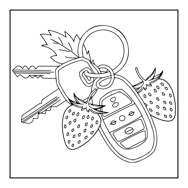 May include: A black and white line art illustration of a keyring featuring two metal keys, a car key fob with multiple buttons, and two strawberries with leaves attached to the ring. The design is presented as a simple, clean graphic outline.