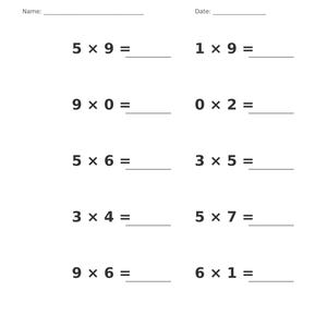 May include: A white educational worksheet titled Multiplication &bull; Single Digit with blank lines for Name and Date. It features ten maths problems arranged in two columns, each with a multiplication equation followed by an underline for the answer.