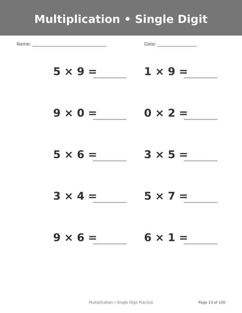 May include: A white educational worksheet titled Multiplication &bull; Single Digit with blank lines for Name and Date. It features ten maths problems arranged in two columns, each with a multiplication equation followed by an underline for the answer.
