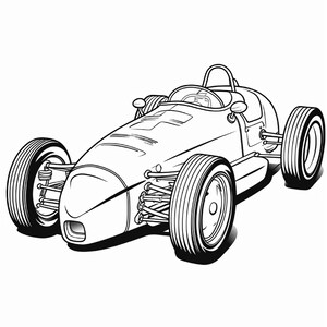 A black and white line art coloring page of a classic vintage race car with exposed front suspension.