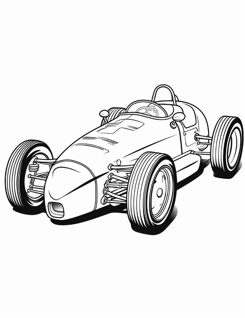 A black and white line art coloring page of a classic vintage race car with exposed front suspension.