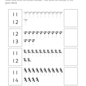 Pu&ograve; includere: Una scheda didattica in bianco e nero intitolata Count, Circle, and Write. Presenta quattro file di illustrazioni di uccelli, ciascuna con due numeri da cerchiare e una casella quadrata vuota per scrivere il conteggio corretto degli uccelli.