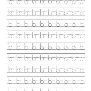 Pode incluir: Uma folha de exerc&iacute;cios de caligrafia com nove linhas horizontais da letra min&uacute;scula b. Cada letra &eacute; formada por uma linha vertical e um c&iacute;rculo, apresentados como um contorno pontilhado para tra&ccedil;ar em papel pautado.
