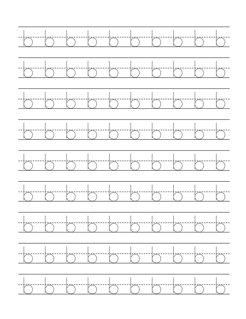 Pode incluir: Uma folha de exerc&iacute;cios de caligrafia com nove linhas horizontais da letra min&uacute;scula b. Cada letra &eacute; formada por uma linha vertical e um c&iacute;rculo, apresentados como um contorno pontilhado para tra&ccedil;ar em papel pautado.