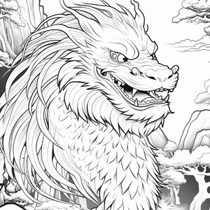 May include: A black and white line art illustration of a dragon with a long mane, sharp teeth, and scales. The dragon is positioned in front of a landscape featuring tall rocky cliffs, stylized trees, and clouds in the background.
