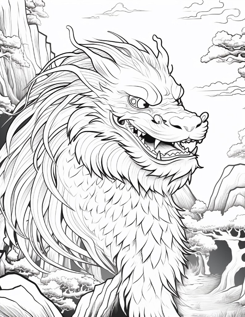 May include: A black and white line art illustration of a dragon with a long mane, sharp teeth, and scales. The dragon is positioned in front of a landscape featuring tall rocky cliffs, stylized trees, and clouds in the background.