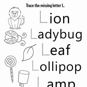 Op de afbeelding: Een zwart-wit educatief werkblad met de titel Trace the missing letter L. Het bevat illustraties van een leeuw, lieveheersbeestje, blad, lolly en lamp, elk gekoppeld aan het woord waarbij de letter L wordt weergegeven door een stippellijn.