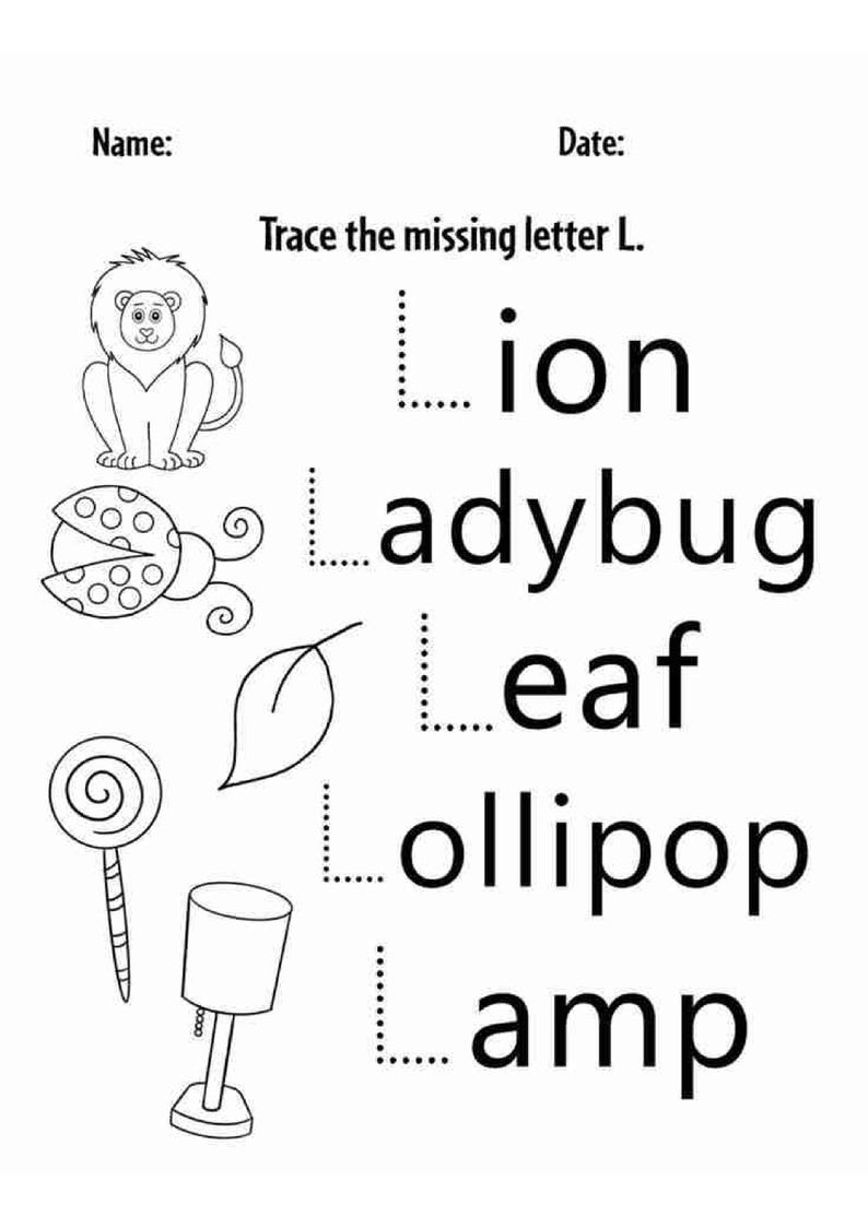 Op de afbeelding: Een zwart-wit educatief werkblad met de titel Trace the missing letter L. Het bevat illustraties van een leeuw, lieveheersbeestje, blad, lolly en lamp, elk gekoppeld aan het woord waarbij de letter L wordt weergegeven door een stippellijn.