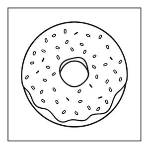 Peut inclure: Une illustration en noir et blanc au trait repr&eacute;sentant un beignet circulaire avec un trou central. Le beignet pr&eacute;sente une ligne ondul&eacute;e repr&eacute;sentant le gla&ccedil;age sur le bord sup&eacute;rieur et de nombreuses petites formes ovales dispers&eacute;es.