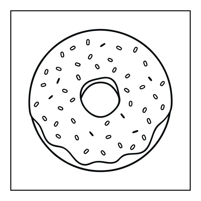 Peut inclure: Une illustration en noir et blanc au trait repr&eacute;sentant un beignet circulaire avec un trou central. Le beignet pr&eacute;sente une ligne ondul&eacute;e repr&eacute;sentant le gla&ccedil;age sur le bord sup&eacute;rieur et de nombreuses petites formes ovales dispers&eacute;es.