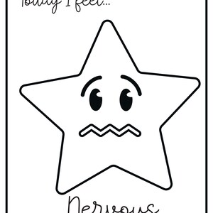 A printable flashcard featuring a nervous star face with a wavy mouth line, labeled Today I feel... and Nervous.