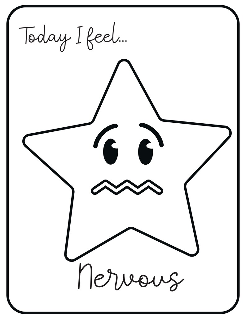 A printable flashcard featuring a nervous star face with a wavy mouth line, labeled Today I feel... and Nervous.