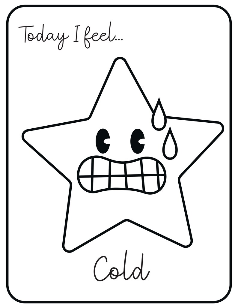A black and white printable card with the text Today I feel... and a shivering star character with chattering teeth and sweat drops above the text Cold.