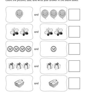 Pu&ograve; includere: Una scheda didattica in bianco e nero intitolata Add! con l'istruzione Count the pictures, add, and write your answer in the blank boxes. Presenta cinque righe di illustrazioni tra cui palloncini, farfalle, bottoni, regali e portapranzo.