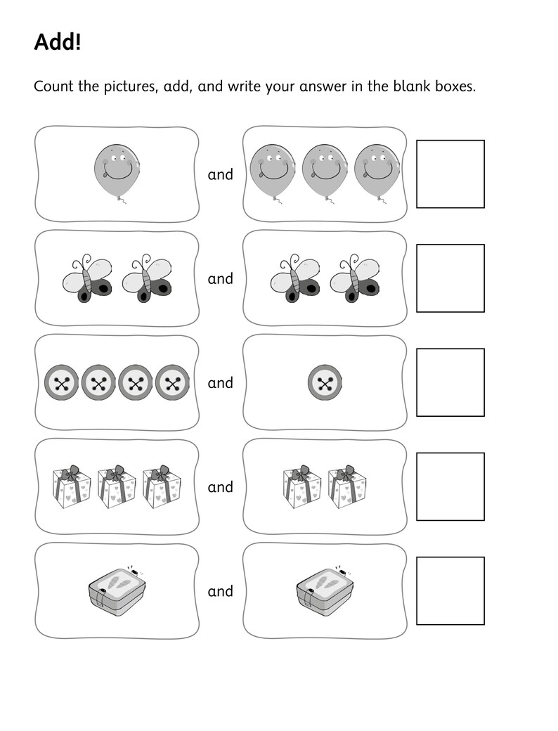 Pu&ograve; includere: Una scheda didattica in bianco e nero intitolata Add! con l'istruzione Count the pictures, add, and write your answer in the blank boxes. Presenta cinque righe di illustrazioni tra cui palloncini, farfalle, bottoni, regali e portapranzo.