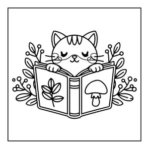 A line drawing of a cat with closed eyes reading an open book, surrounded by leafy branches.
