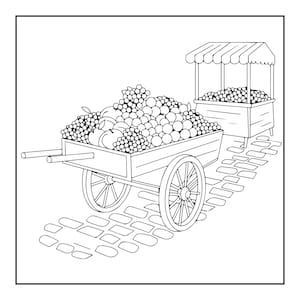 May include: A black and white line drawing of a wooden cart filled with a large pile of various fruits including grapes and apples. A small market stall with a striped canopy stands nearby, and both are positioned on a cobblestone path.