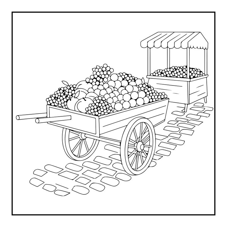 May include: A black and white line drawing of a wooden cart filled with a large pile of various fruits including grapes and apples. A small market stall with a striped canopy stands nearby, and both are positioned on a cobblestone path.