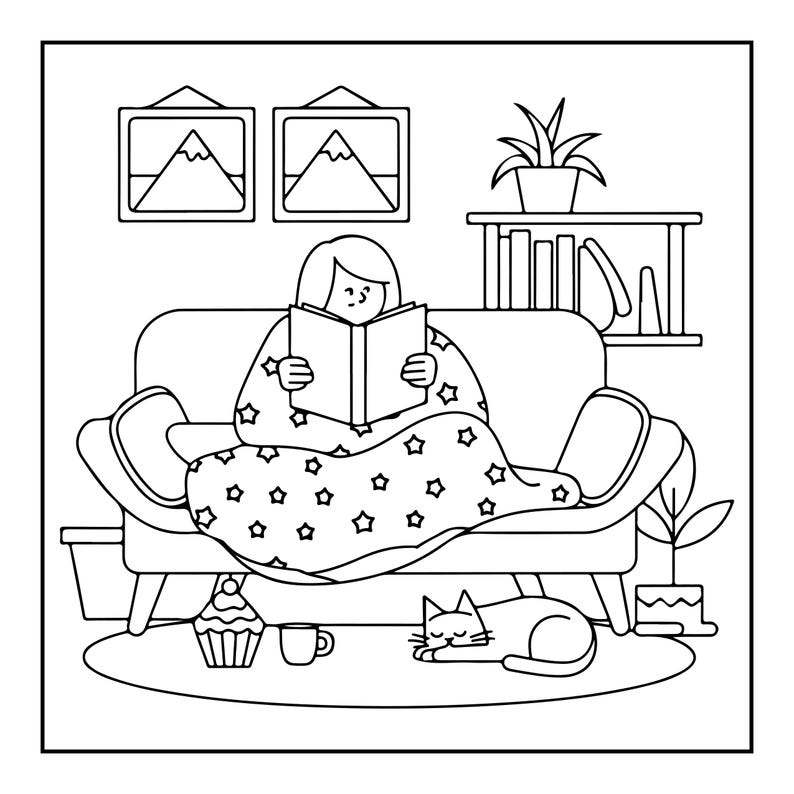 K&ouml;nnte beinhalten: Eine schwarz-wei&szlig;e Strichzeichnung einer Person, die auf einem Sofa sitzt und ein Buch liest, w&auml;hrend sie in eine Decke mit Sternenmuster eingewickelt ist. Eine schlafende Katze, ein Cupcake und eine Tasse befinden sich auf dem Boden.
