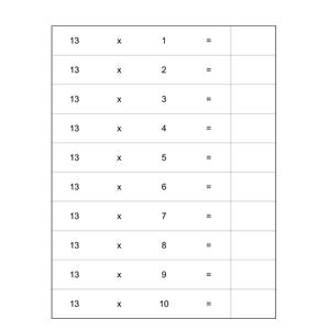 Peut inclure: Une fiche d'exercices de math&eacute;matiques en noir et blanc intitul&eacute;e Math Tables. Le document pr&eacute;sente une table de multiplication pour le nombre 13, listant les &eacute;quations de 13 fois 1 &agrave; 13 fois 10, avec des cases vides pour les r&eacute;ponses.