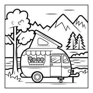 Peut inclure: Une illustration en noir et blanc au trait repr&eacute;sentant une caravane pliante gar&eacute;e pr&egrave;s d'un arbre et d'un plan d'eau. La caravane comporte une jardini&egrave;re avec trois fleurs, une porte et un toit relevable. Des montagnes et des sapins sont visibles.