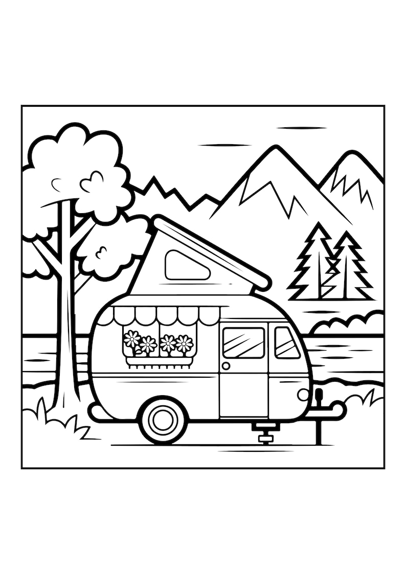 Peut inclure: Une illustration en noir et blanc au trait repr&eacute;sentant une caravane pliante gar&eacute;e pr&egrave;s d'un arbre et d'un plan d'eau. La caravane comporte une jardini&egrave;re avec trois fleurs, une porte et un toit relevable. Des montagnes et des sapins sont visibles.