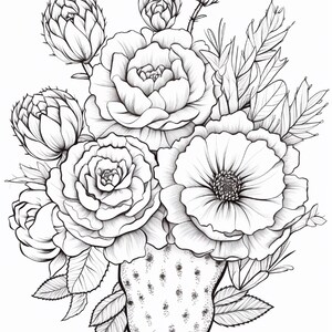 Pode incluir: Uma ilustra&ccedil;&atilde;o de arte linear em preto e branco de um buqu&ecirc; de flores variadas, incluindo grandes rosas em flor e bot&otilde;es menores, dispostos em um vaso texturizado e salpicado. O desenho apresenta p&eacute;talas, folhas e caules detalhados.