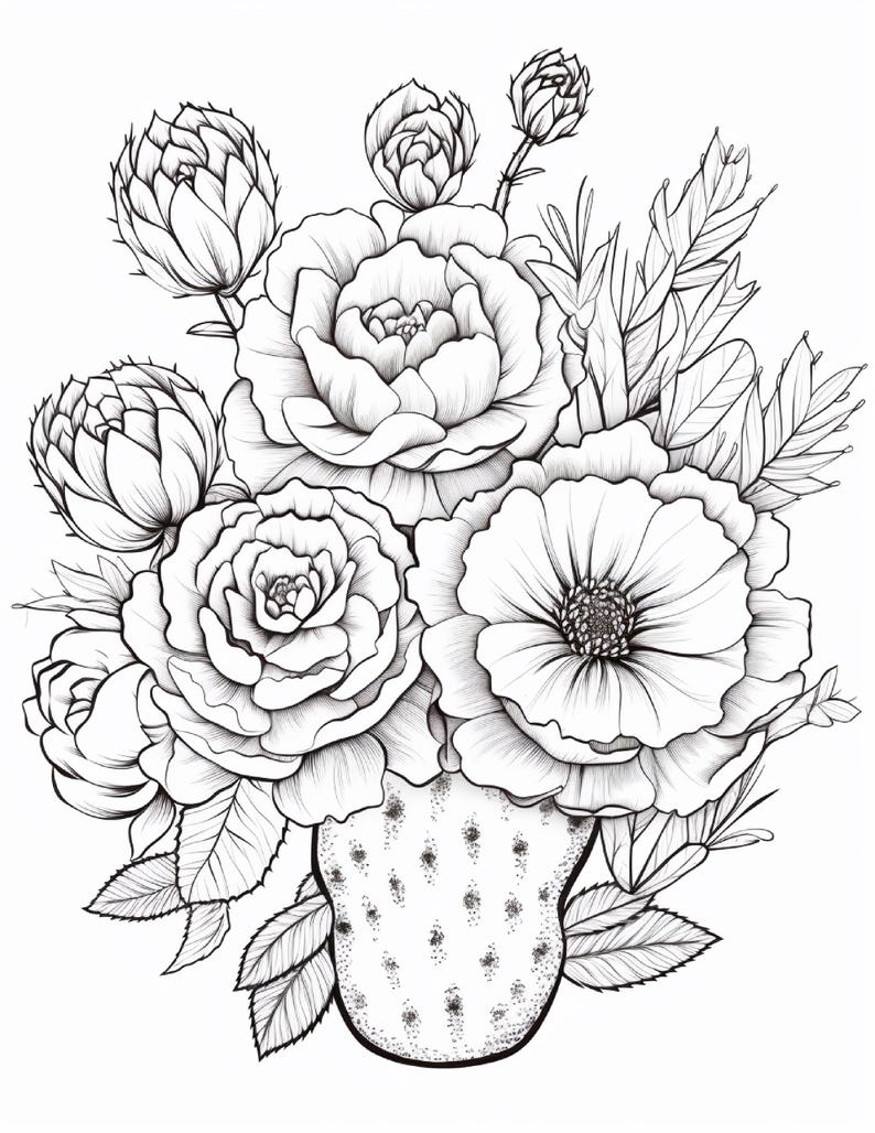 Pode incluir: Uma ilustra&ccedil;&atilde;o de arte linear em preto e branco de um buqu&ecirc; de flores variadas, incluindo grandes rosas em flor e bot&otilde;es menores, dispostos em um vaso texturizado e salpicado. O desenho apresenta p&eacute;talas, folhas e caules detalhados.