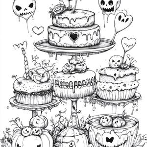 Puede incluir: Una ilustraci&oacute;n de arte lineal en blanco y negro que presenta una exhibici&oacute;n escalonada de pasteles, cupcakes y calabazas. Los pasteles est&aacute;n decorados con rosas, corazones y glaseado que gotea. Adornos flotantes en forma de calavera y piruletas en forma de coraz&oacute;n rodean los postres, mientras que calabazas talladas con rostros sonrientes y dentados se asientan en la base.