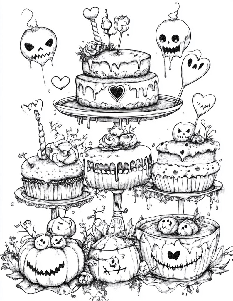 Puede incluir: Una ilustraci&oacute;n de arte lineal en blanco y negro que presenta una exhibici&oacute;n escalonada de pasteles, cupcakes y calabazas. Los pasteles est&aacute;n decorados con rosas, corazones y glaseado que gotea. Adornos flotantes en forma de calavera y piruletas en forma de coraz&oacute;n rodean los postres, mientras que calabazas talladas con rostros sonrientes y dentados se asientan en la base.