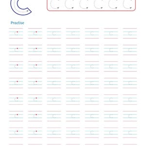 以下が含まれることがあります： Read and trace the small case letter cというテキストが記載された手書き練習用の教育ワークシート。大きな文字C、点線で描かれた6つの文字cの列、および点線の文字cの形が並ぶ10行の練習用ラインが含まれています。