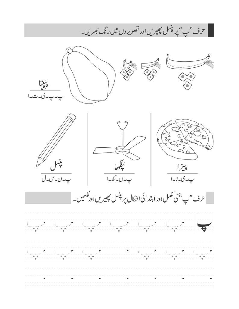 An Urdu worksheet showing tracing guides for the letter peh alongside outlined drawings of a papaya, a pencil, a ceiling fan, and pizza.