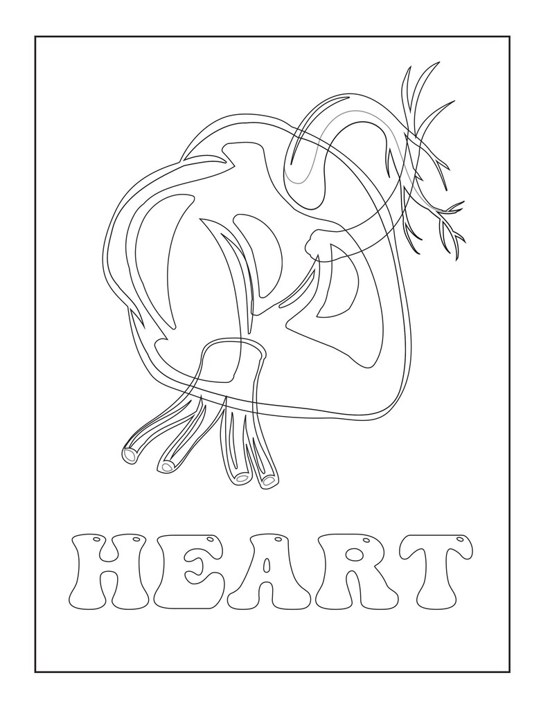 A coloring page showing a black outline of a heart above the outlined text reading HEART.