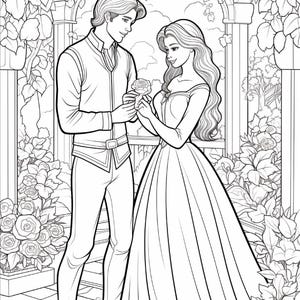 A coloring page of a man offering a rose to a woman in a long gown, standing in a garden archway.