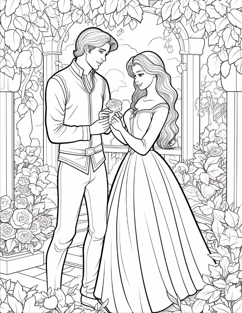 A coloring page of a man offering a rose to a woman in a long gown, standing in a garden archway.
