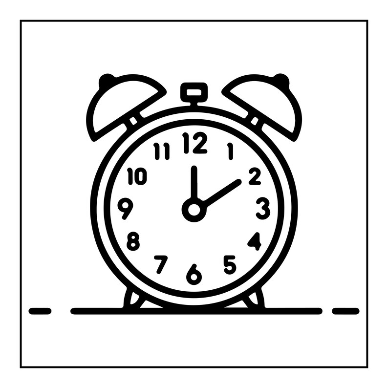 May include: A black and white line art illustration of an analogue alarm clock. The clock face features standard numerals from one to twelve, with the hour hand pointing at two and the minute hand pointing at twelve, indicating the time is two o'clock.