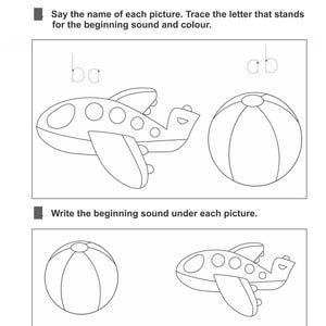 An activity sheet with illustrations of an aeroplane and a ball alongside tracing and writing prompts.