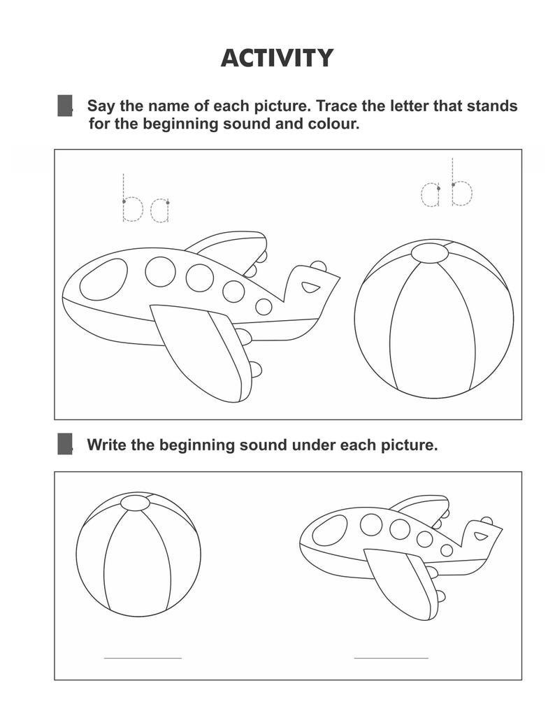An activity sheet with illustrations of an aeroplane and a ball alongside tracing and writing prompts.