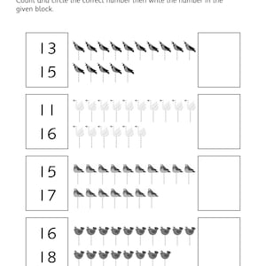 Pu&ograve; includere: Una scheda didattica in bianco e nero intitolata Count, Circle, and Write. Presenta quattro file di esercizi di conteggio con illustrazioni di uccelli e cigni, ciascuna abbinata a due opzioni numeriche e a una casella vuota per la risposta.