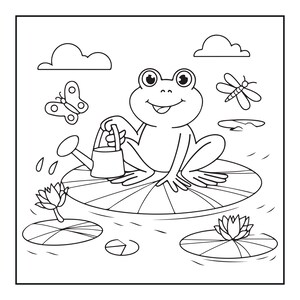 May include: A black and white line art coloring page featuring a smiling frog sitting on a large lily pad in a pond. The frog holds a small watering can. The scene includes two water lilies, a butterfly, a dragonfly, and two clouds in the sky.