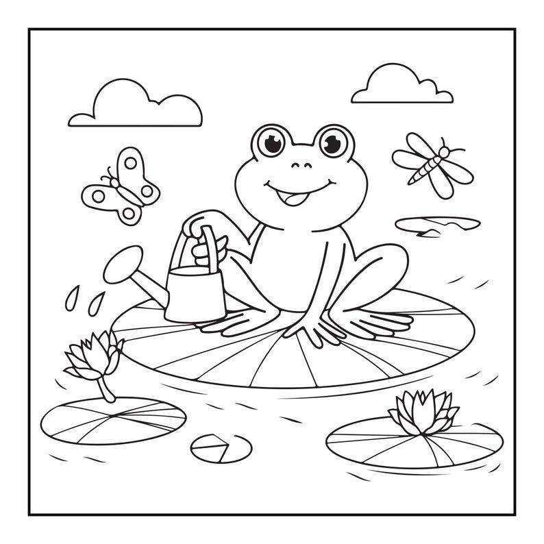 May include: A black and white line art coloring page featuring a smiling frog sitting on a large lily pad in a pond. The frog holds a small watering can. The scene includes two water lilies, a butterfly, a dragonfly, and two clouds in the sky.
