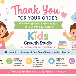 Puede incluir: Una tarjeta de agradecimiento digital para una peque&ntilde;a empresa llamada Kids Growth Studio. La tarjeta presenta ilustraciones de dos ni&ntilde;os, texto colorido e iconos que representan descarga instant&aacute;nea, pago seguro y soporte.