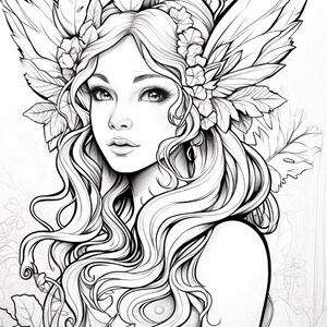 May include: A black and white line art illustration of a person with long wavy hair adorned with large leaves and flowers. The figure features prominent wings extending from the head area, with detailed foliage patterns surrounding the shoulders.