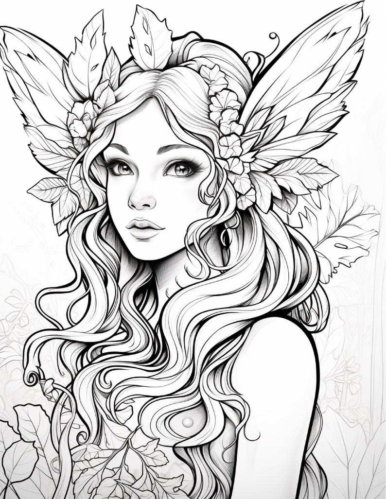 May include: A black and white line art illustration of a person with long wavy hair adorned with large leaves and flowers. The figure features prominent wings extending from the head area, with detailed foliage patterns surrounding the shoulders.