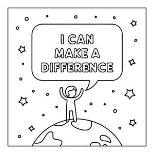 Pu&ograve; includere: Una pagina da colorare in bianco e nero con disegno al tratto che mostra una figura stilizzata in piedi sulla Terra con le braccia alzate. Un fumetto sopra la figura contiene il testo I CAN MAKE A DIFFERENCE. Lo sfondo &egrave; pieno di stelle.