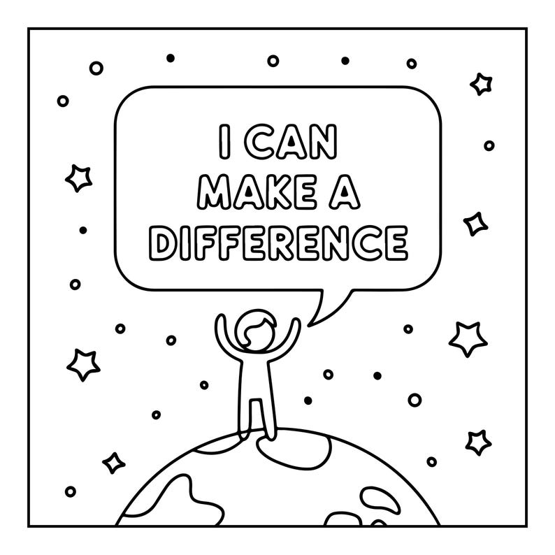 Pu&ograve; includere: Una pagina da colorare in bianco e nero con disegno al tratto che mostra una figura stilizzata in piedi sulla Terra con le braccia alzate. Un fumetto sopra la figura contiene il testo I CAN MAKE A DIFFERENCE. Lo sfondo &egrave; pieno di stelle.