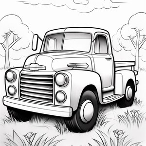 May include: A black and white line art illustration of a vintage pickup truck parked in a grassy field with flowers. The scene includes two trees in the background and a single cloud in the sky above the truck, rendered in a colouring book style.