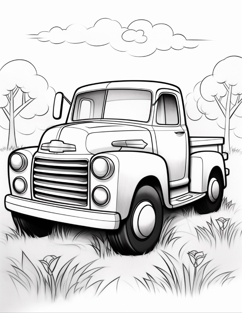 May include: A black and white line art illustration of a vintage pickup truck parked in a grassy field with flowers. The scene includes two trees in the background and a single cloud in the sky above the truck, rendered in a colouring book style.