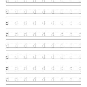 May include: A white educational worksheet featuring nine horizontal rows of practice lines. Each row begins with a solid black lowercase letter d, followed by eight grey dotted-line versions of the same letter for tracing and handwriting practice.